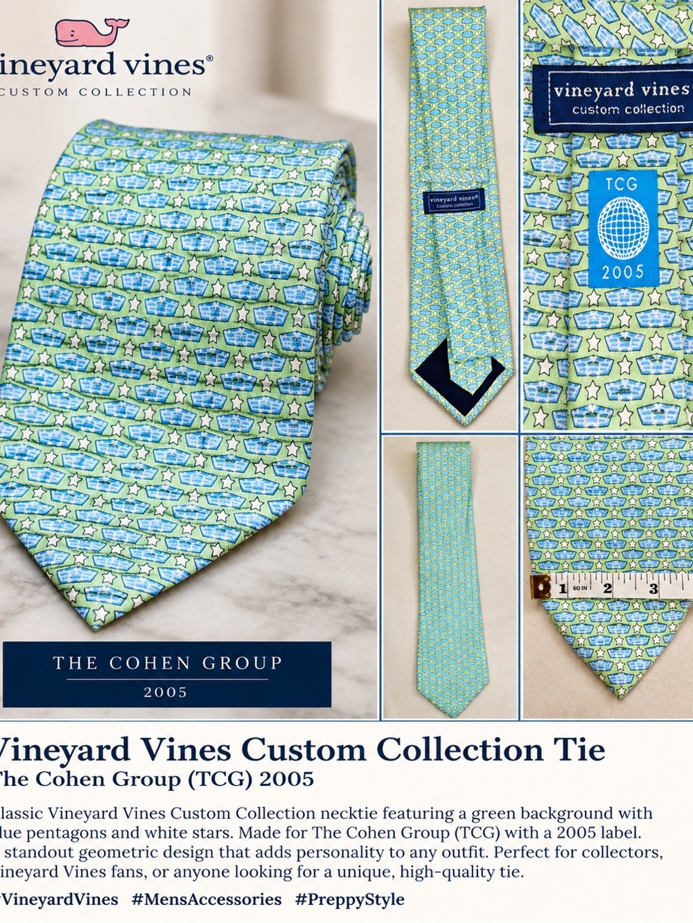 Vineyard Vines Custom Collection TCG 2005 Green & Blue Pentagons & Stars Tie